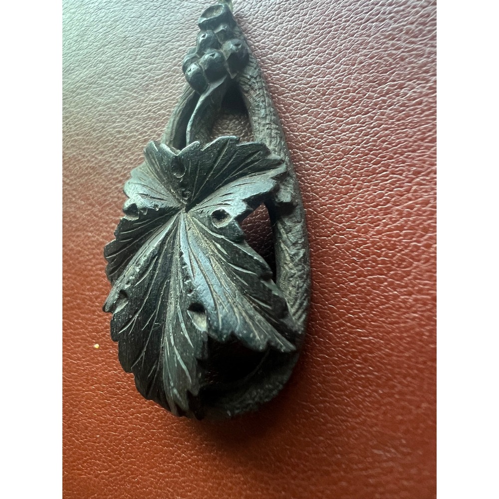 Hand Carved Pendant Bog Oak Leaf Berry Teardrop Black Victorian Style Mourning